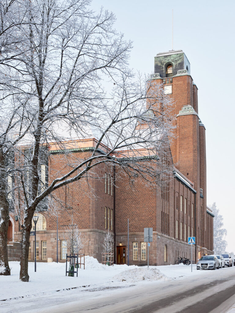 lahti city hall covered in snow