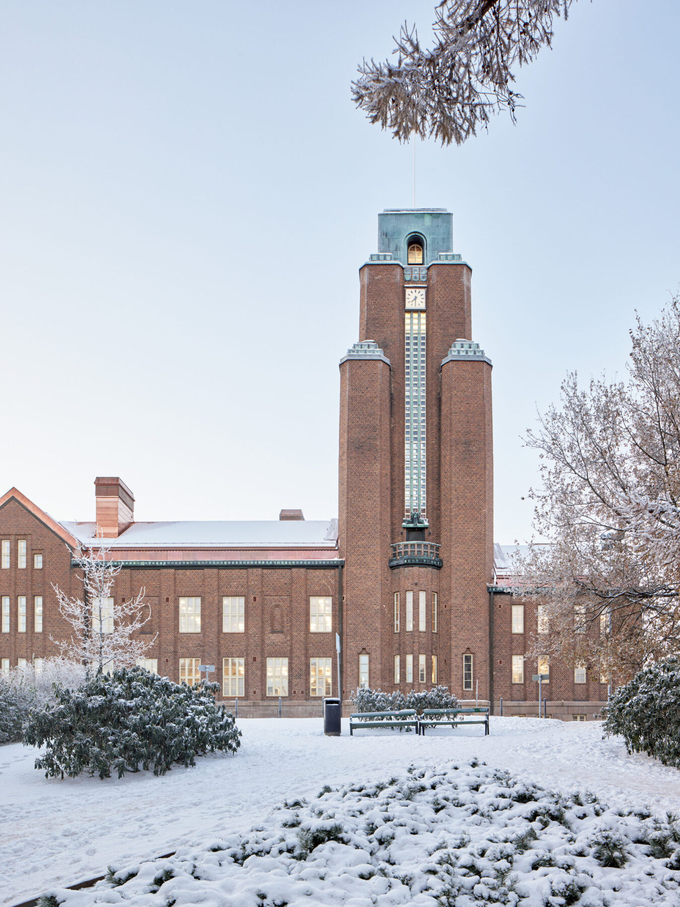 lahti city hall covered in snow